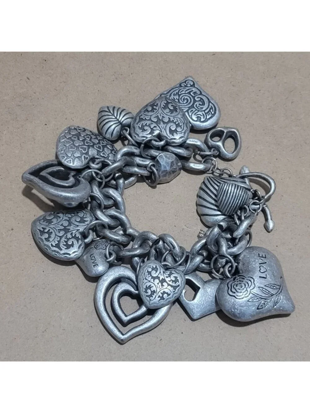 Chunky Silver Tone Charm Bracelet Multiple Puffed Heart Charms Varied Decorative